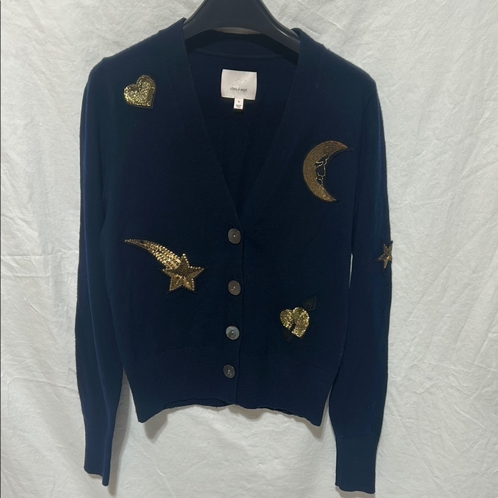 Cinq a sept Cardigan Midnight Blue with Gold Embellishments